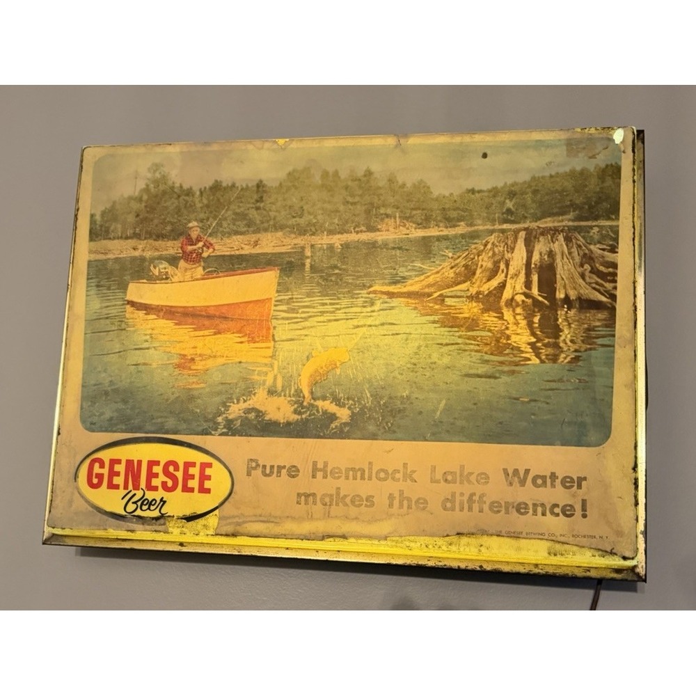 Vintage Genesee Beer Lighted Advertising Sign Hemlock Lake Fishing 20" Bar